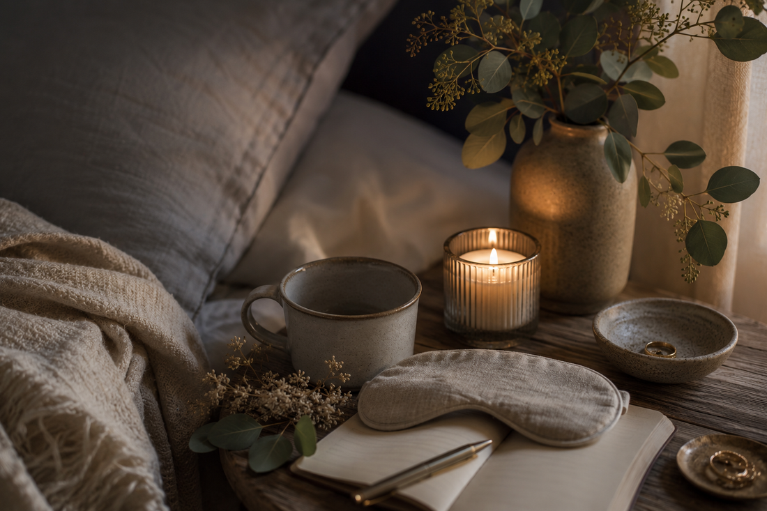 Woman relaxing in a candlelit bath surrounded by botanical products — part of a calming sleep ritual