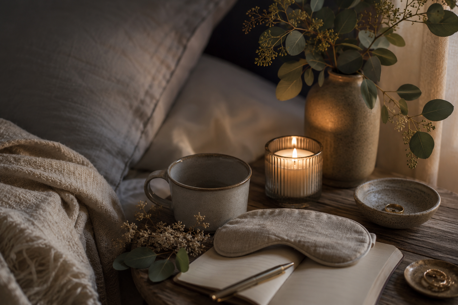 Woman relaxing in a candlelit bath surrounded by botanical products — part of a calming sleep ritual
