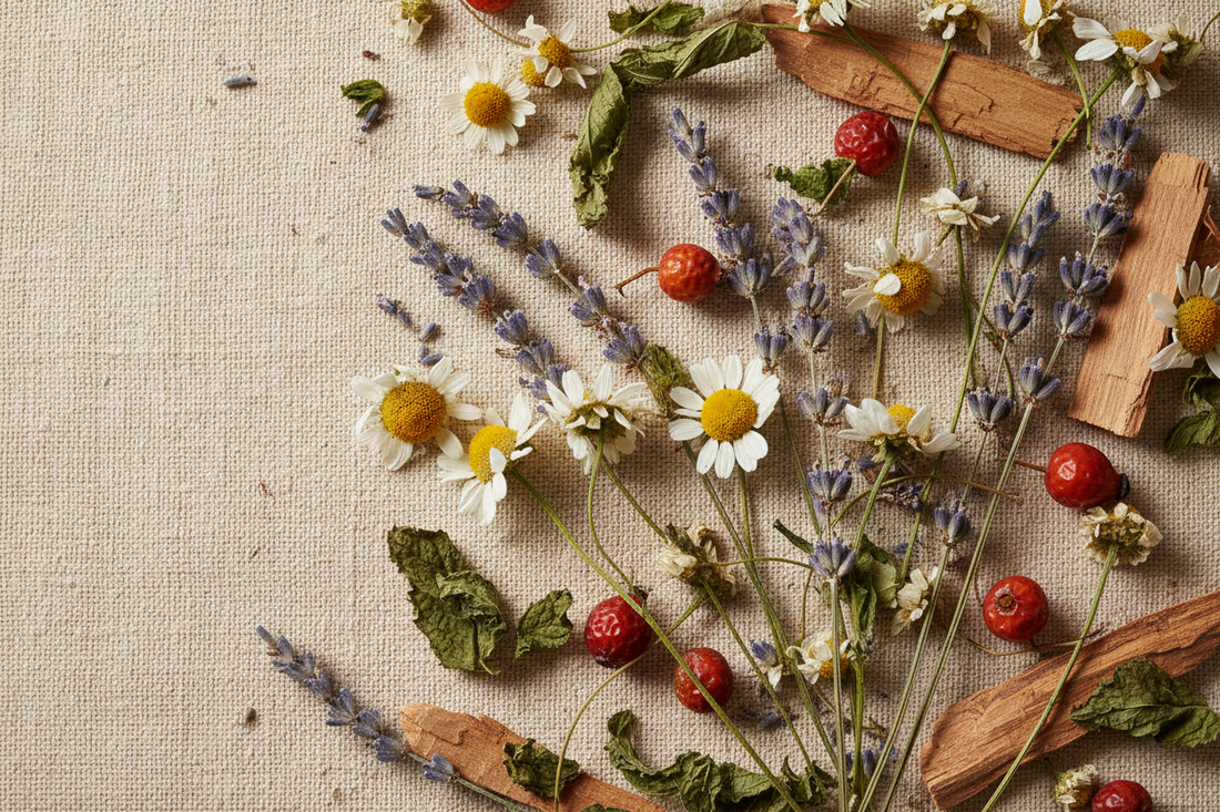 A close-up botanical flat lay of dried lavender, chamomile flowers, rosehip berries, peppermint leaves and cedarwood on warm ivory linen, evoking the natural ingredients and science behind botanical wellness
