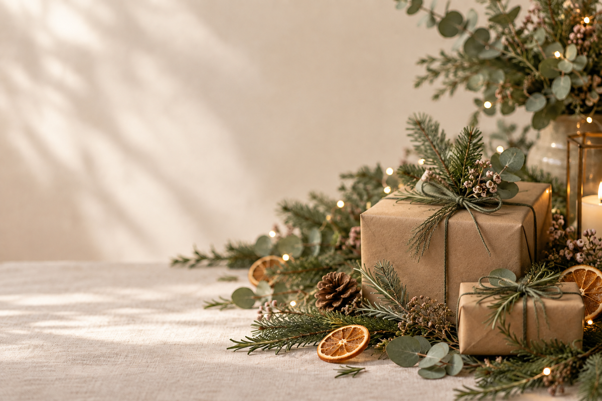 Botanical Christmas gifts with sustainable wrapping