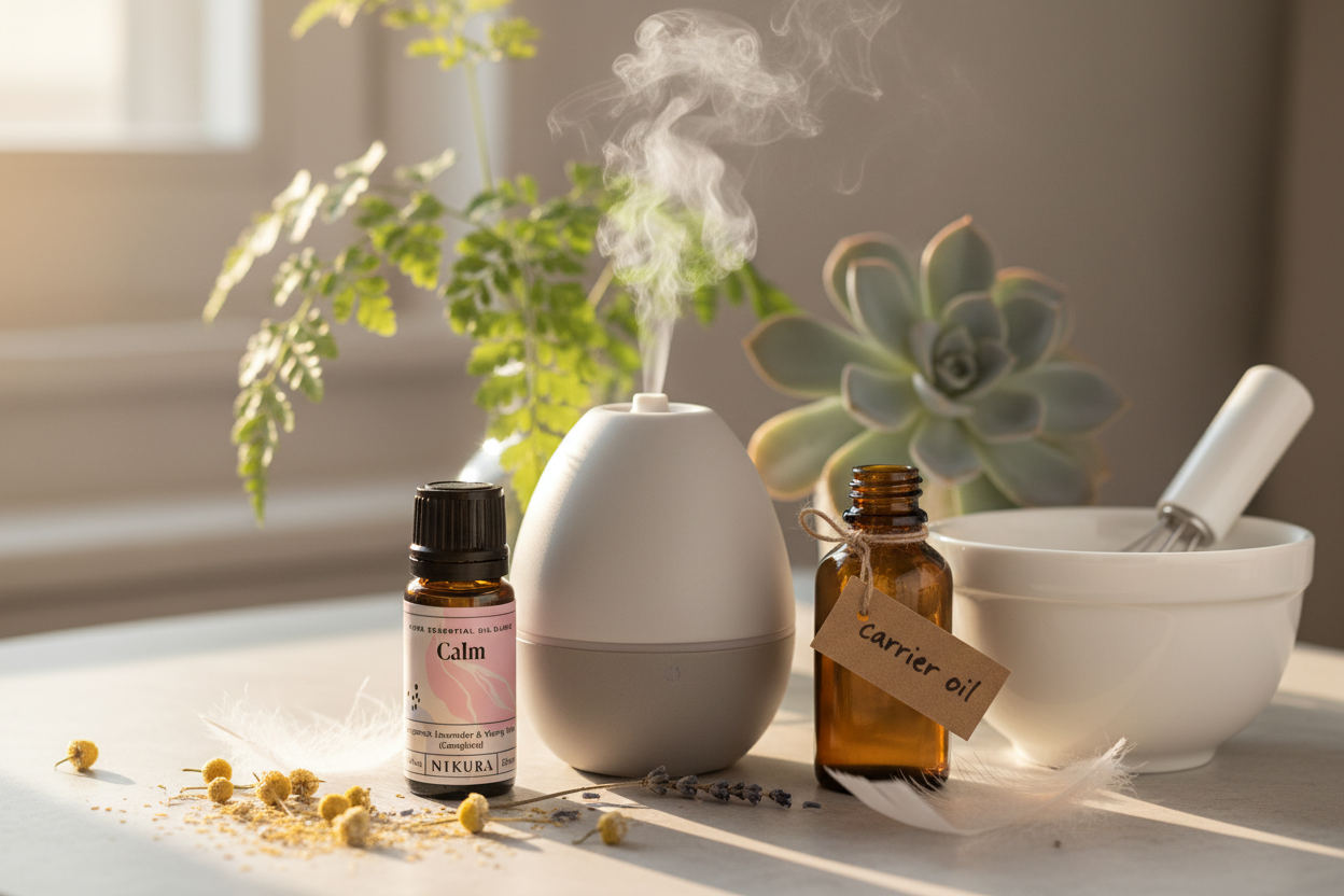 Calm essential oil blend lifestyle scene