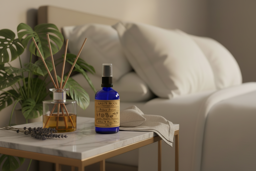 Lavender, Frankincense and Bergamot Pillow Spray lifestyle scene with reed diffuser, wheat bag and houseplants on a marble bedside table