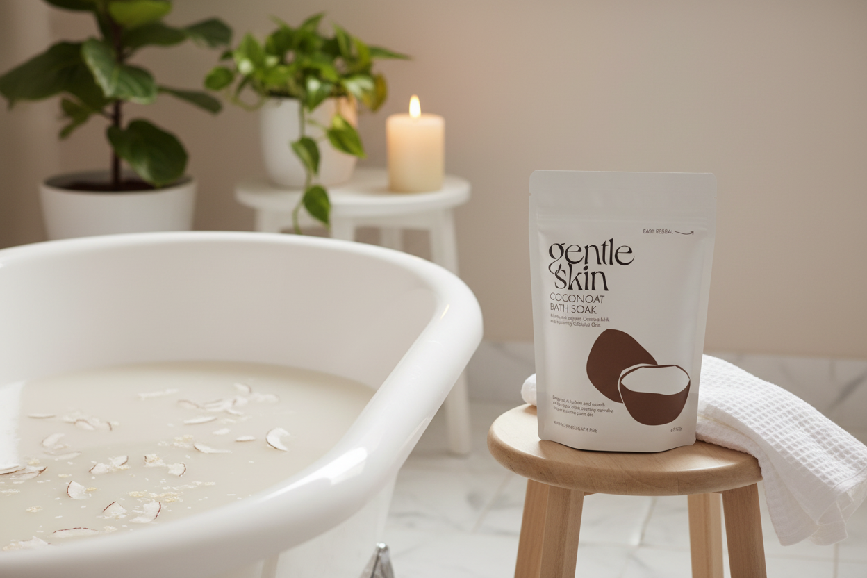 Coconoat Bath Soak lifestyle scene beside a premium roll-top bath with candle in background