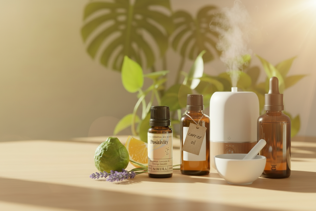 Positivity essential oil blend lifestyle scene with mist diffuser, carrier oil and ceramic mixing bowl